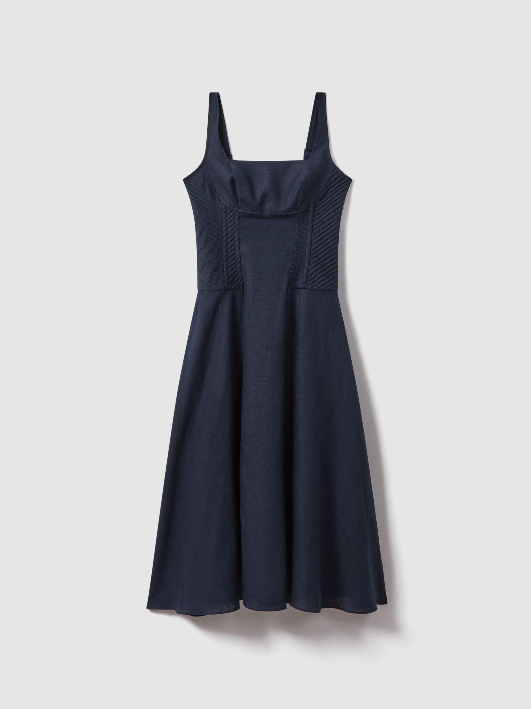 Etta Navy 100% Linen Corset Midi Dress Product Image