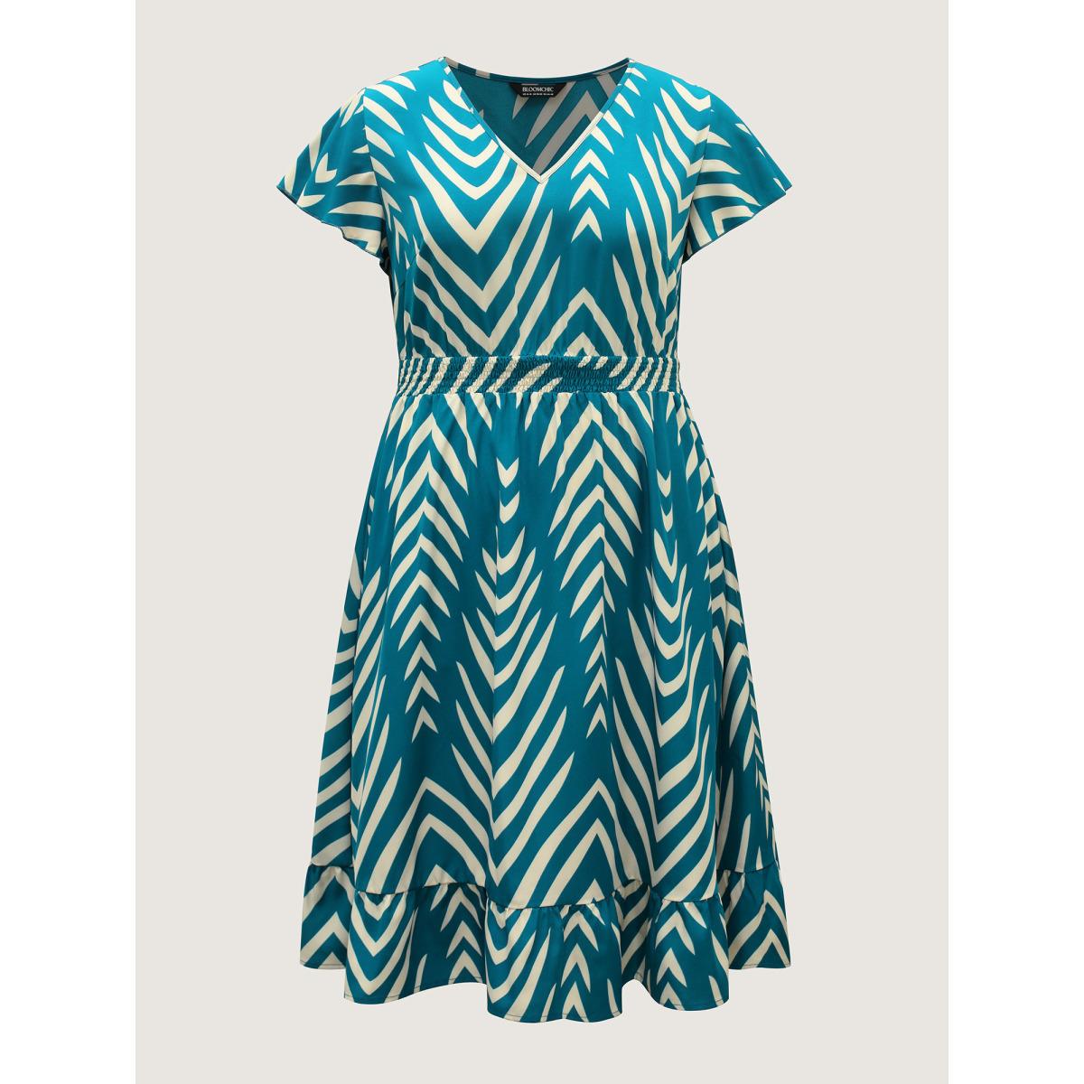 Plus Size Geometric Print Cinched-Waist Midi Dress Aegean Women Contrast V-neck Cap Sleeve Curvy BloomChic 26/4X Product Image