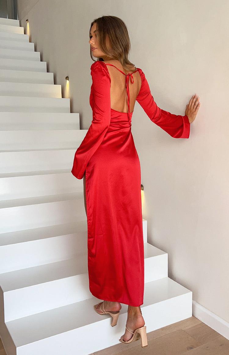 Airlea Red Satin Asymmetric Maxi Dress Product Image