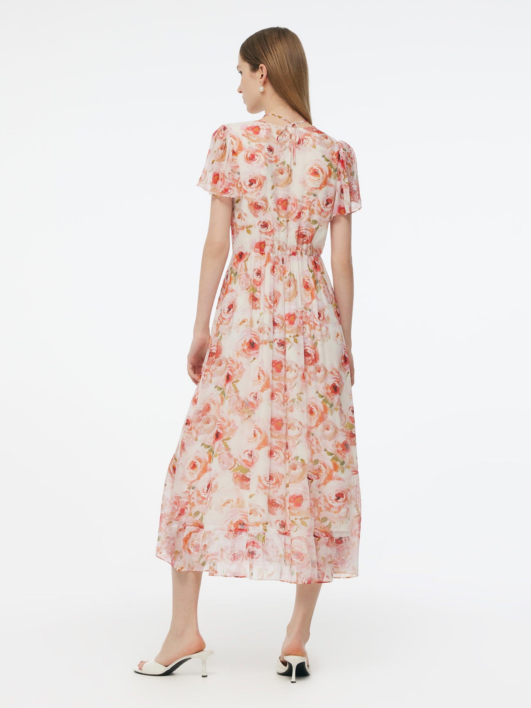 10MM Mulberry Silk Rose Print Smocked Drawstring Front Women Maxi Dres Product Image