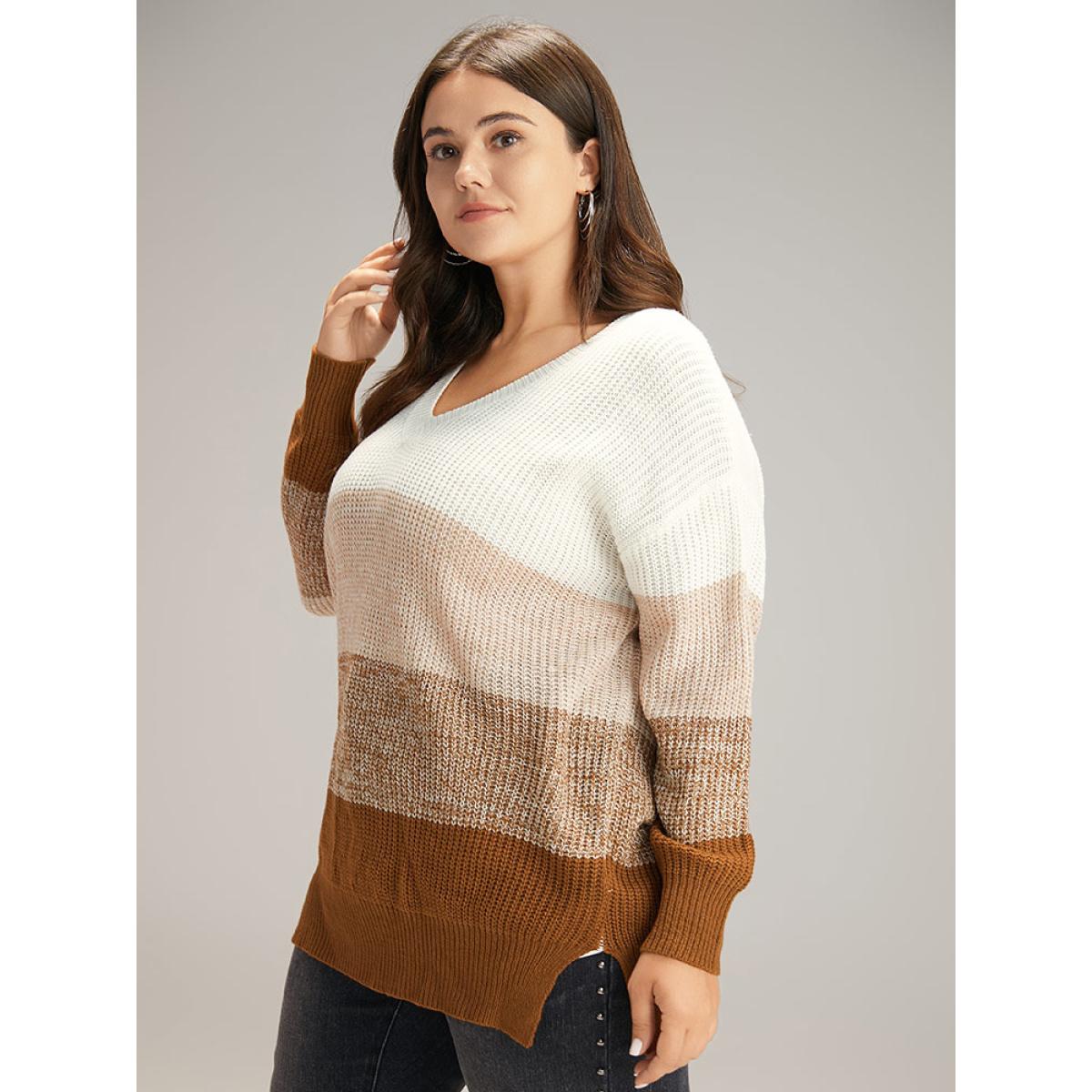 Plus Size Heather Split Side Contrast V Neck Pullover Multicolor Women Casual Loose Long Sleeve V-neck Dailywear Pullovers BloomChic 30/6X Product Image