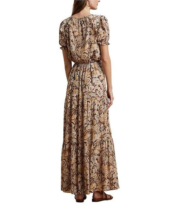 Lauren Ralph Lauren Georgette Floral V-Neck Short Puff Sleeve A-Line Maxi Dress Product Image