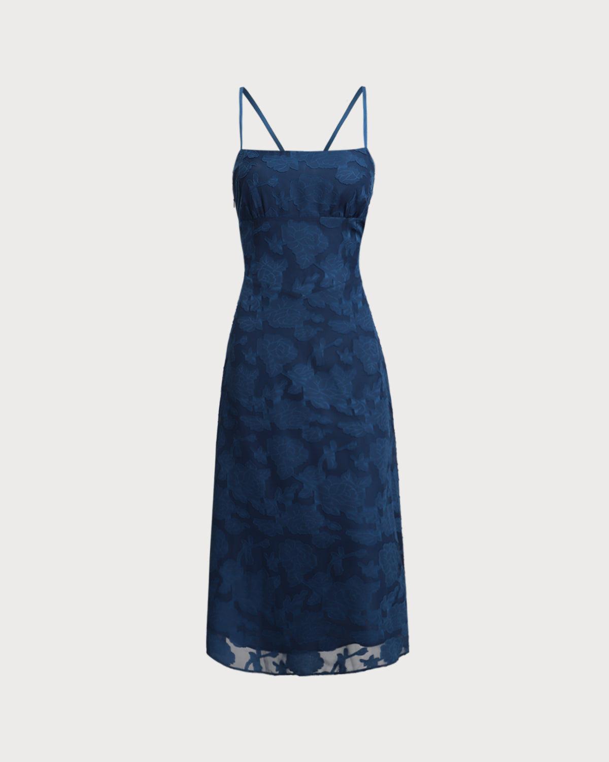 Navy Jacquard Slip Backless Maxi Dress Product Image