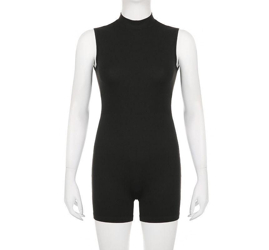 Sleeveless Turtleneck Plain Romper Product Image