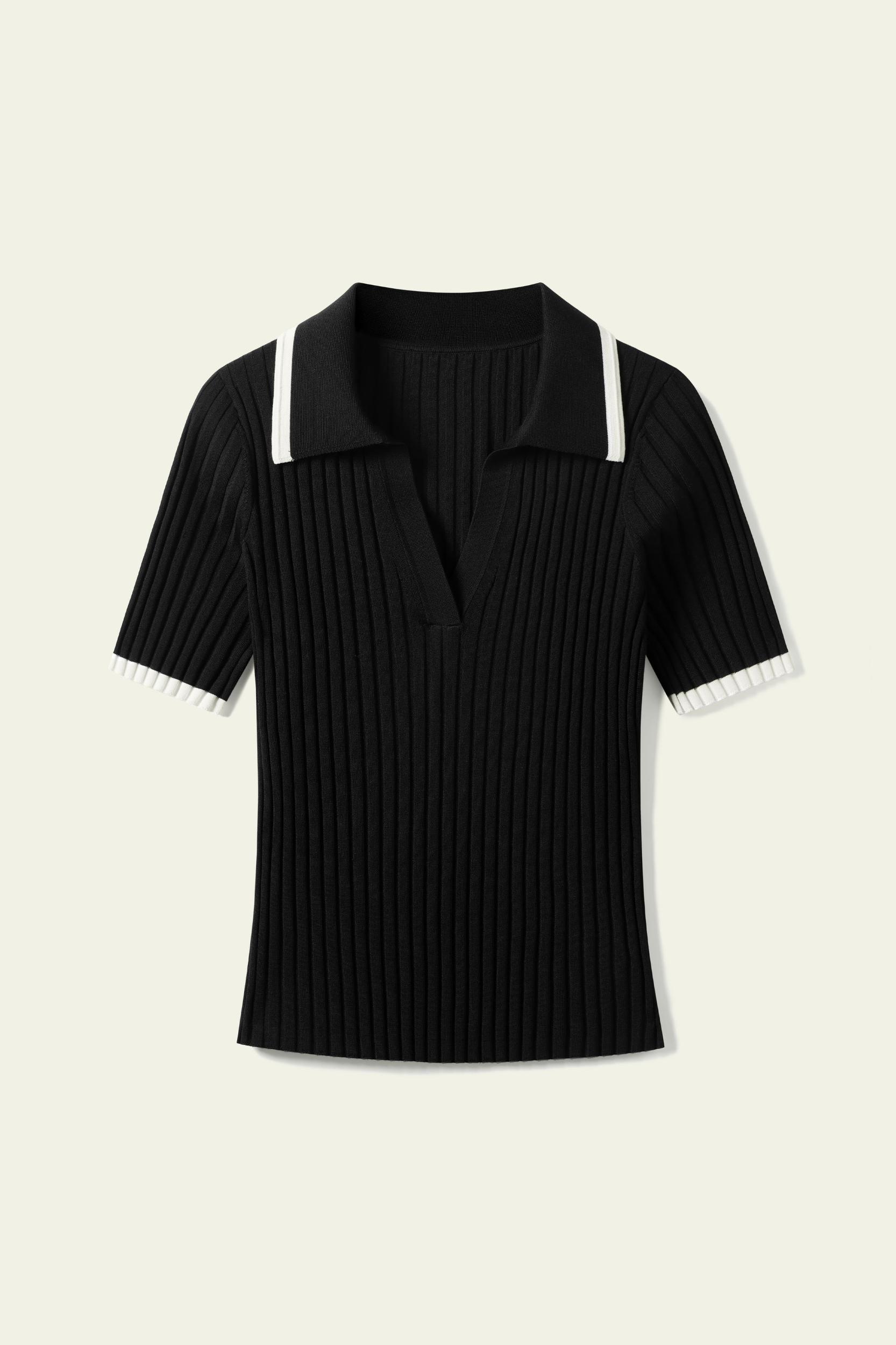 Slim Fit Silk Knit V-Neck Collared Top Product Image