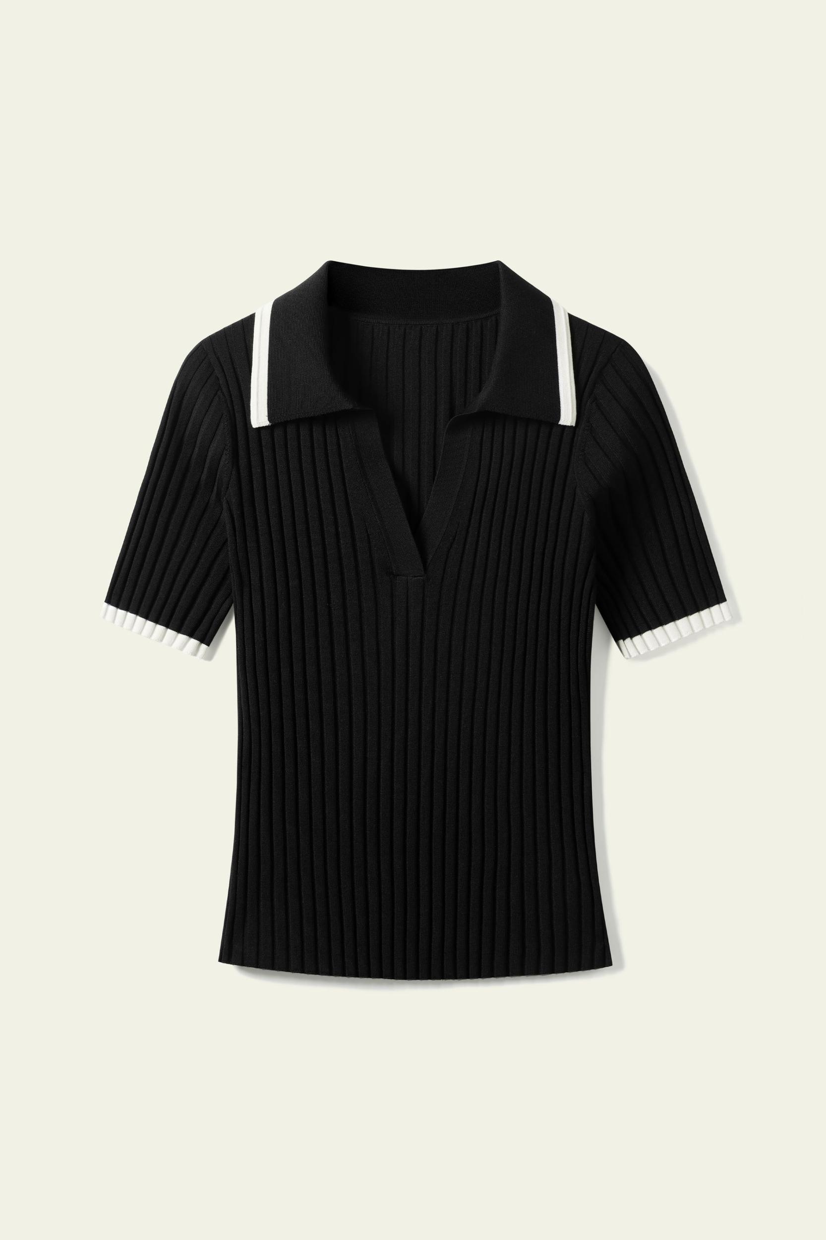 Slim Fit Silk Knit V-Neck Collared Top Product Image