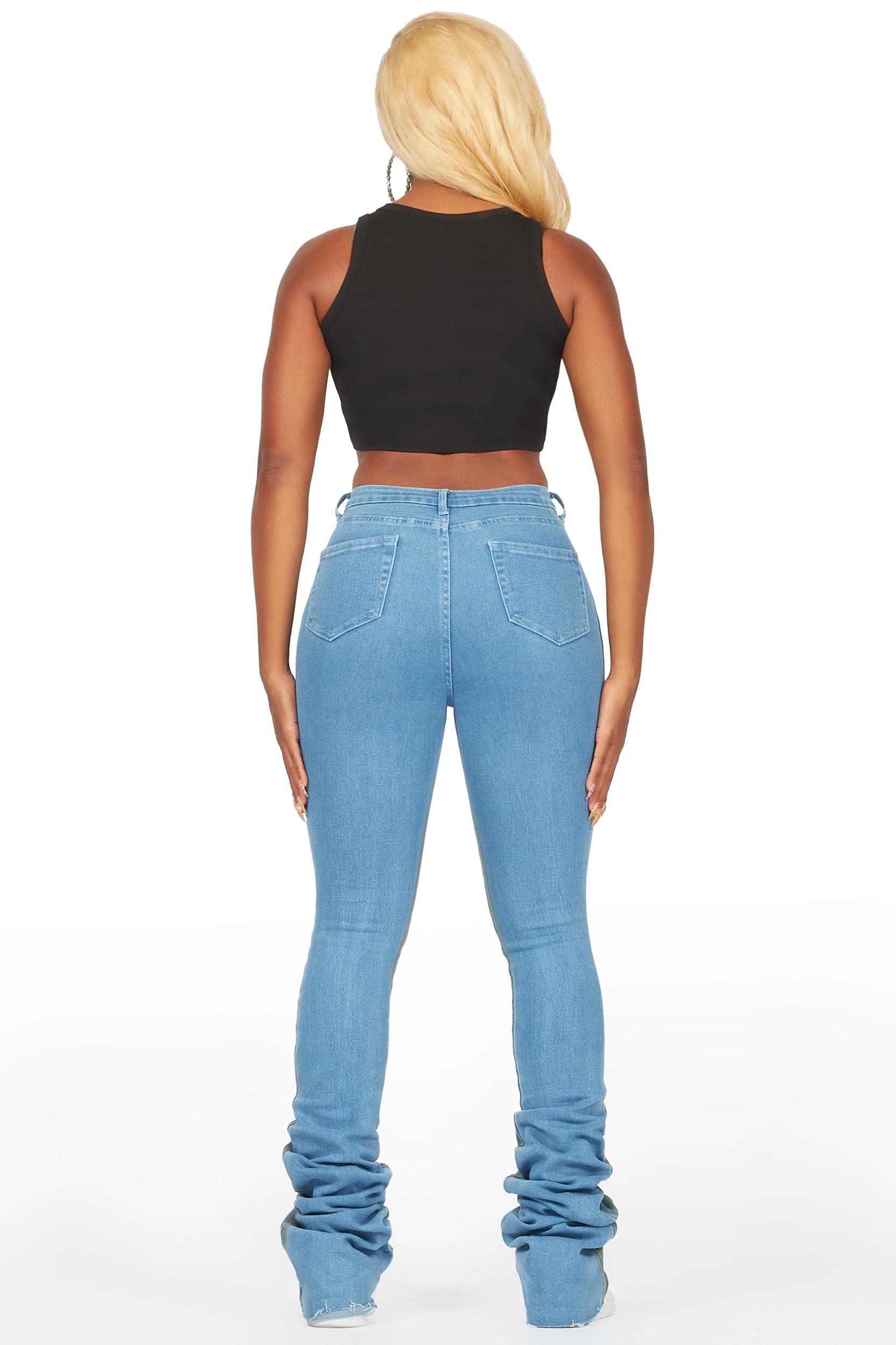 Yours Truly Dirty Blue Bleached Wash Distressed Super Stacked Jean Female Product Image