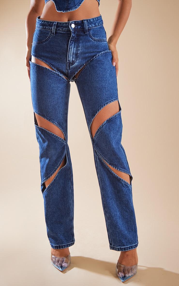 Dark Blue Wash Cut Out Thigh Straight Leg Jeans Product Image