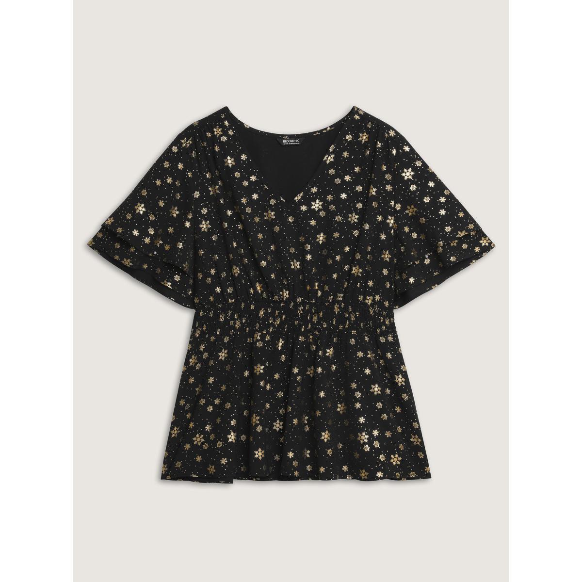 Plus Size Black Gold Stamped Layered Ruffled Sleeve Blouse Women Party&Cocktail Short sleeve V-neck Party Blouses BloomChic 10/M Product Image