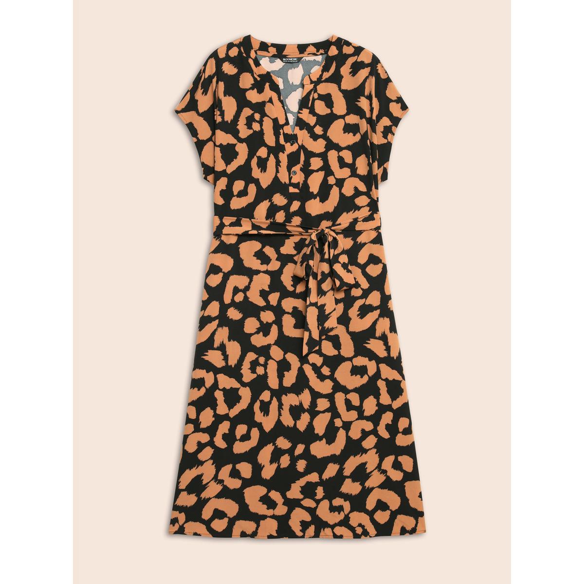 Plus Size Leopard Print Notched Button Detail Dress Bronze Women Elegant Belted Flat collar with V-notch Short sleeve Curvy BloomChic 28/5X Product Image