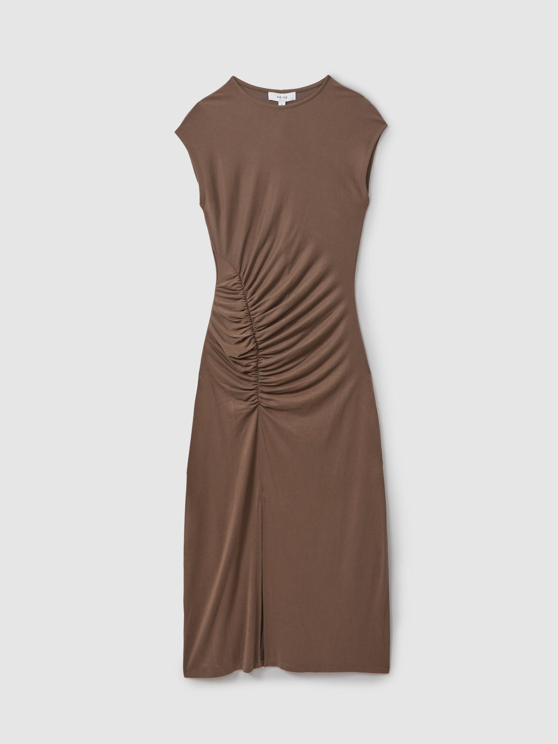 Ruche Front Capped Sleeve Jersey Midi Dress in Chocolate Product Image