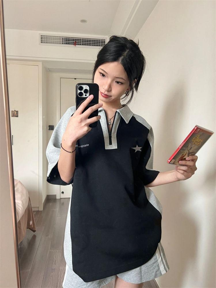 Elbow-Sleeve Collar Lettering Star Print Oversized T-Shirt Product Image