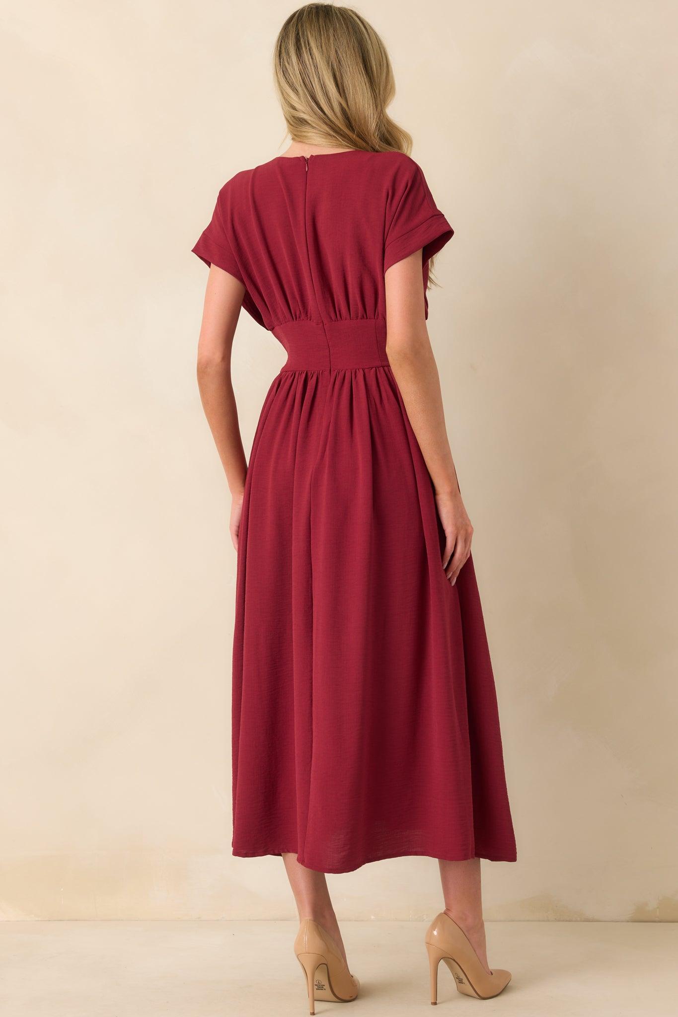 Faded Photographs Burgundy Chiffon Cap Sleeve Maxi Dress Product Image