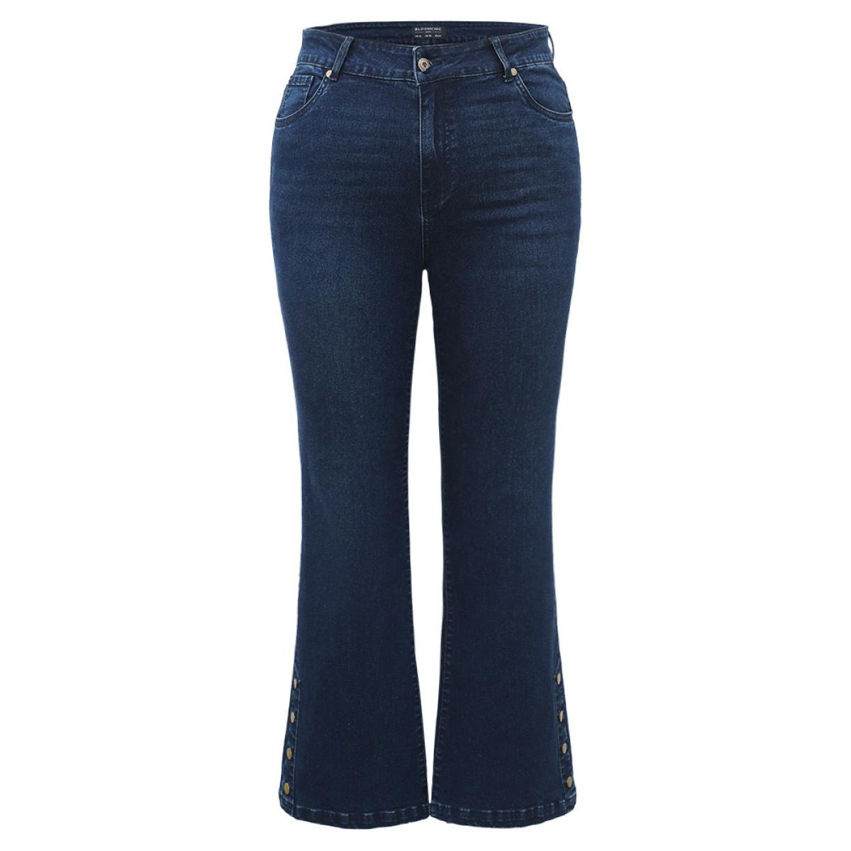 Plus Size Plain Button Detail Flare Leg Full Length Jeans Women Indigo Casual Plain Plain High stretch Pocket Jeans BloomChic 30/6X Product Image