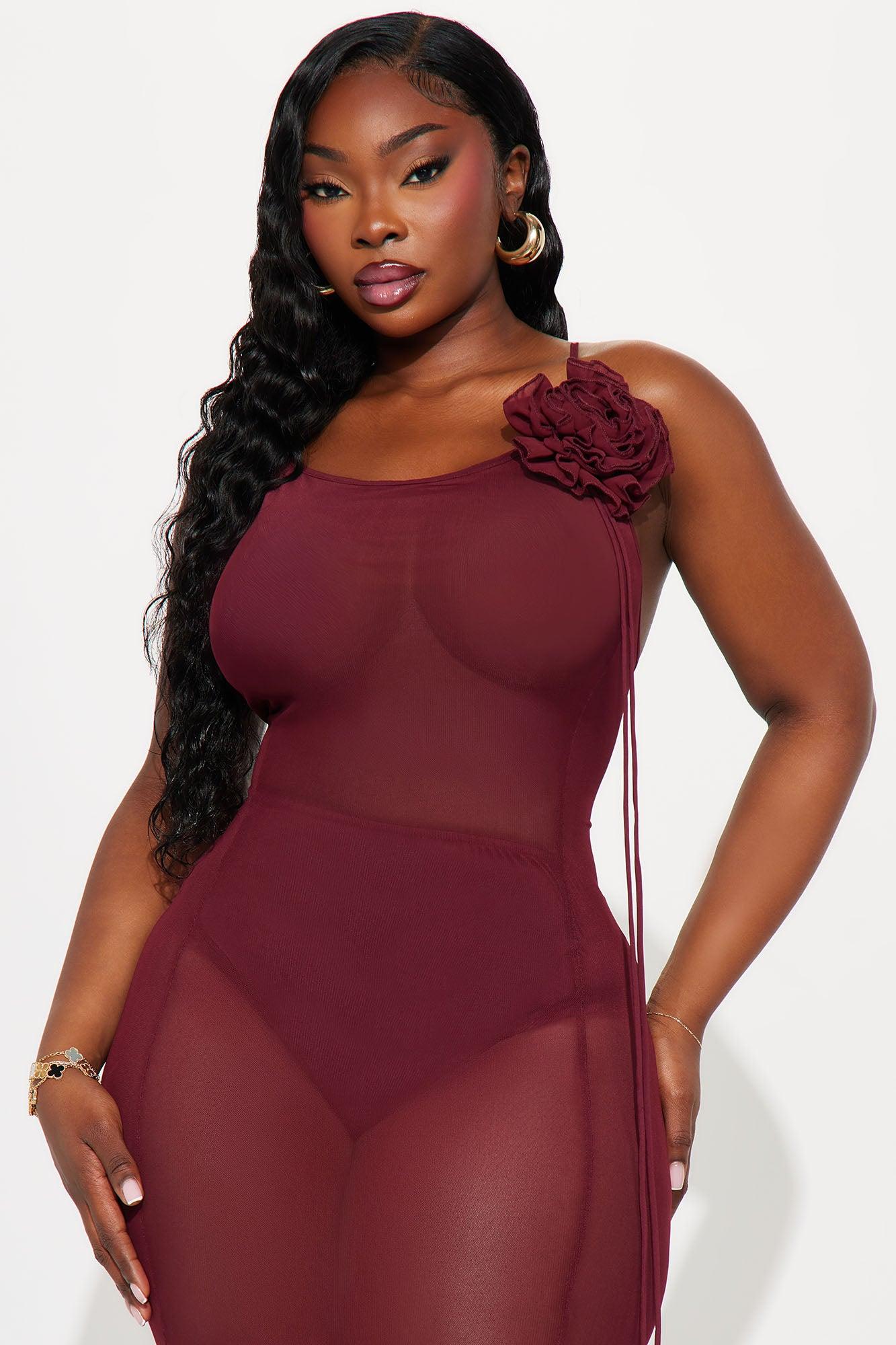 Sheer Goddess Mesh Maxi Dress - Burgundy Female Product Image