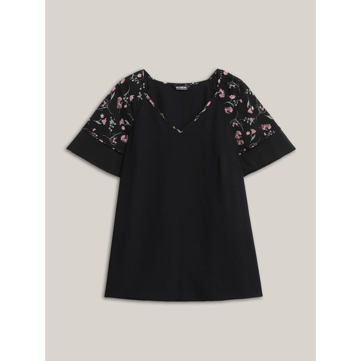 Plus Size Black Floral Layered Sleeve Solid Blouse Women Leisure Short sleeve V-neck Casual Blouses BloomChic 22-24/3X Product Image