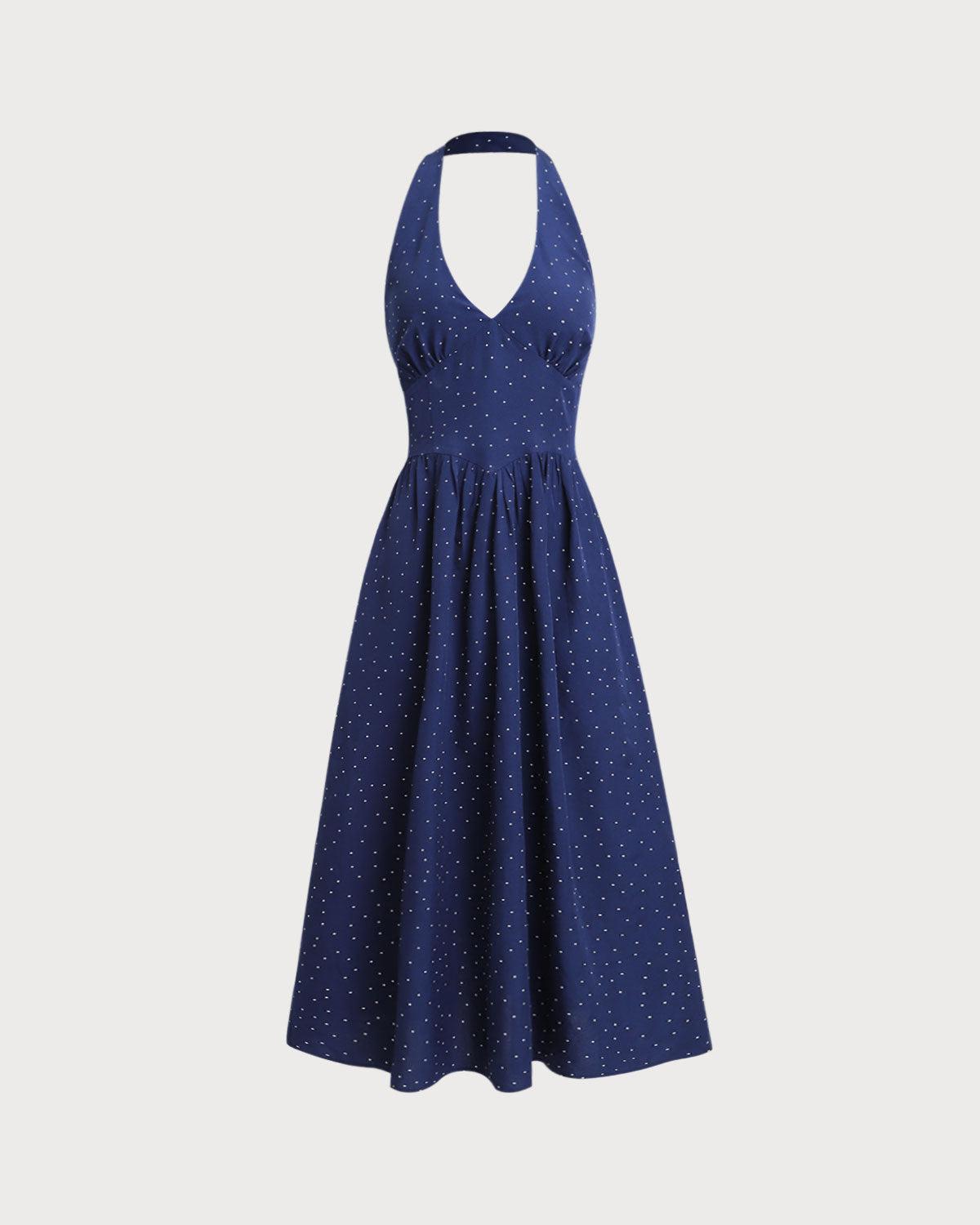 Blue Polka Dot Halter Maxi Dress Product Image