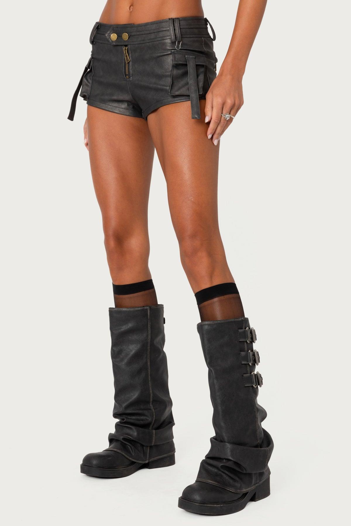 Washed Faux Leather Micro Cargo Shorts Product Image