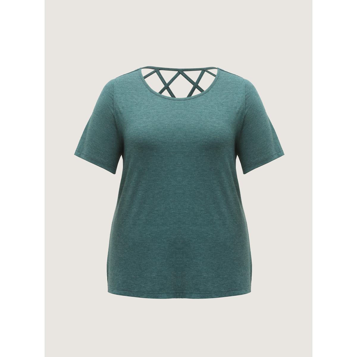 Plus Size Backless Crisscross Solid T-Shirt DarkGreen Women Leisure Overlapping Round Neck Casual T-shirts BloomChic 18-20/2X Product Image