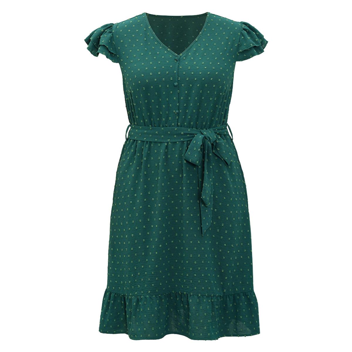 Plus Size Polka Dot Layered Sleeve Pocket Button Up Belted Flutter Dress Green Women Elegant Button V-neck Cap Sleeve Curvy Knee Dress BloomChic 30/6X Product Image