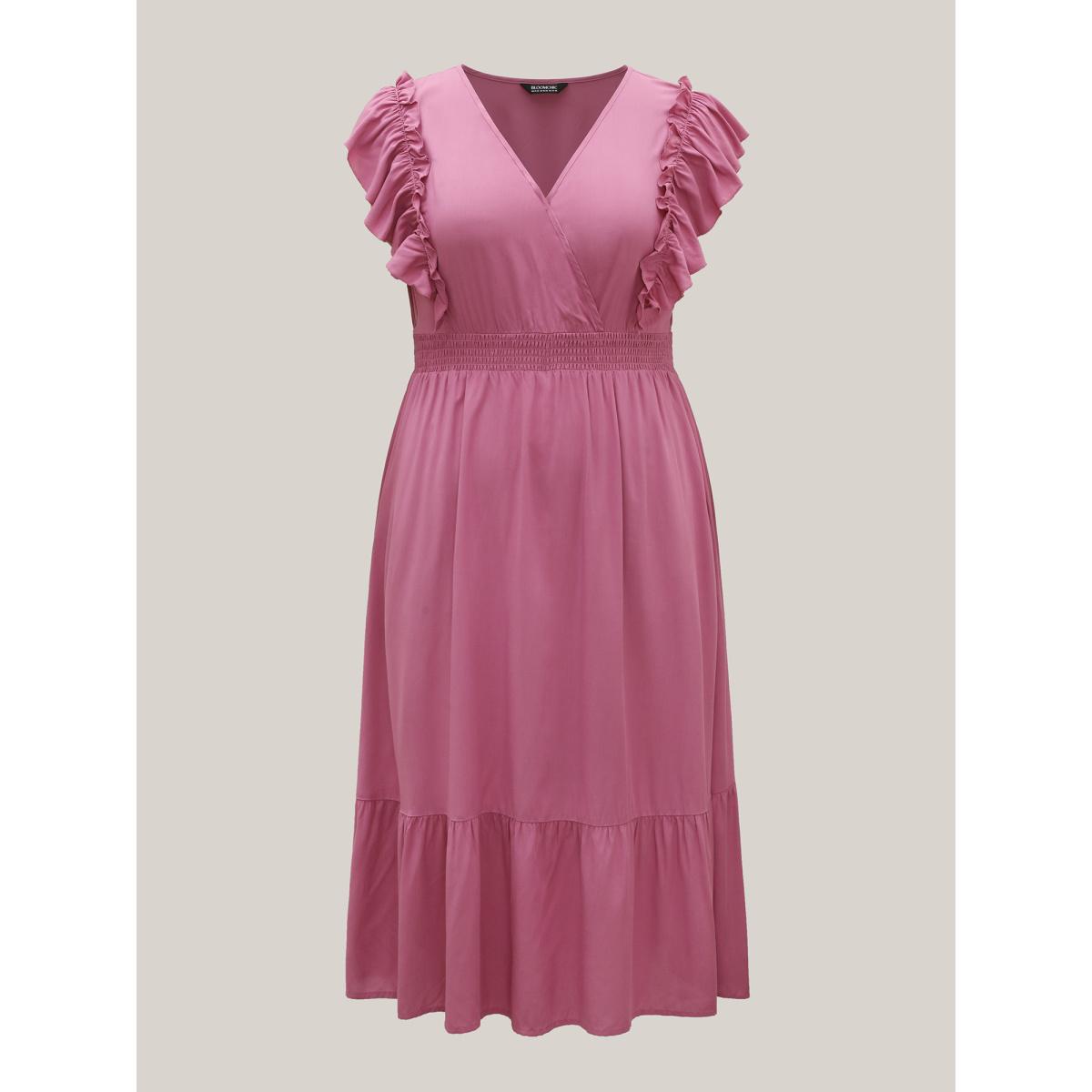 Plus Size Rayon Ruffled Shirred Waist Solid Midi Dress Peach Women Overlap Collar Cap Sleeve Curvy BloomChic 26/4X Product Image