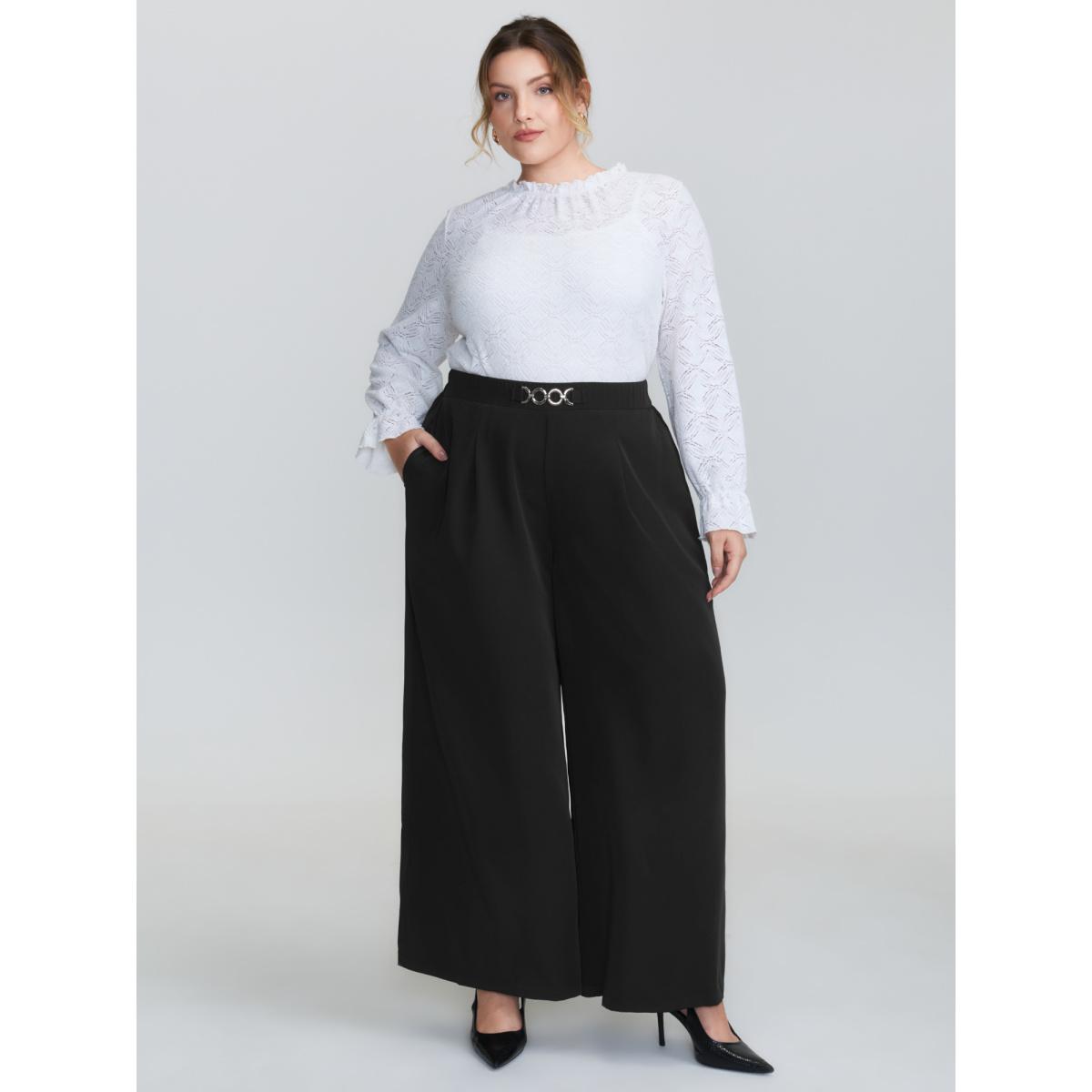 Plus Size Metal Buckle Detail Wide-Leg Pants Women Black Timeless Straight Leg Mid Rise Elegant Pants BloomChic 28/5X Product Image
