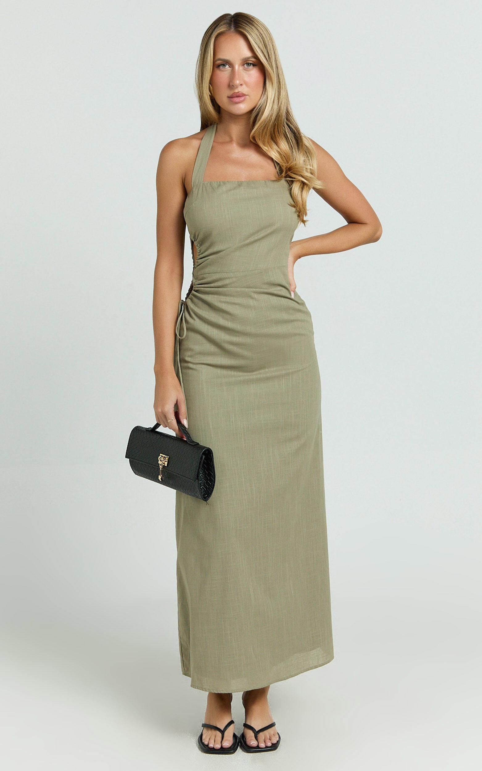 Myra Maxi Dress - Halter Ruched Side Dress in Olive Product Image