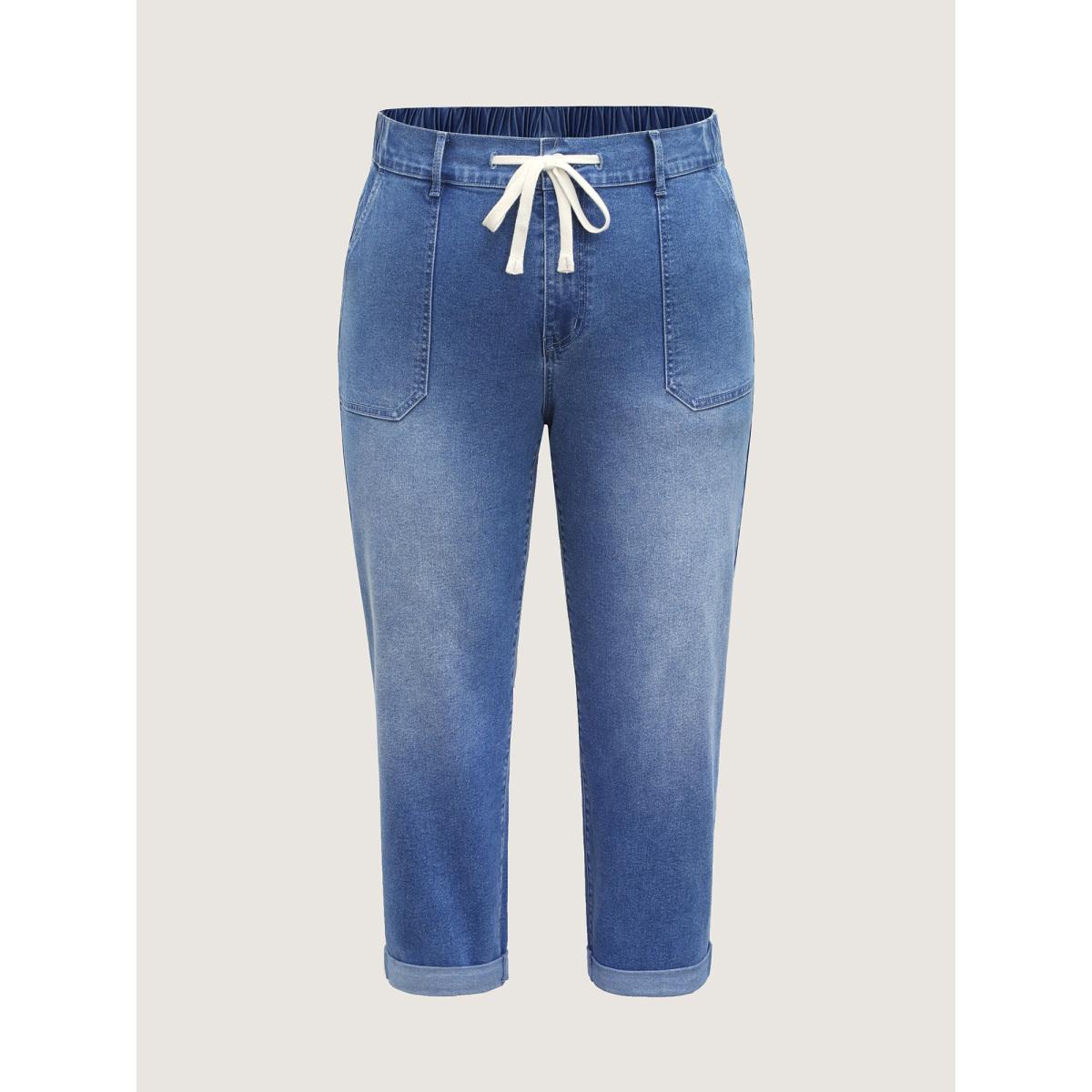 Plus Size Stretch No-Gap Elastic Waist Jeans Women Midblue Leisure High stretch Slanted pocket Jeans BloomChic 28/5X Product Image