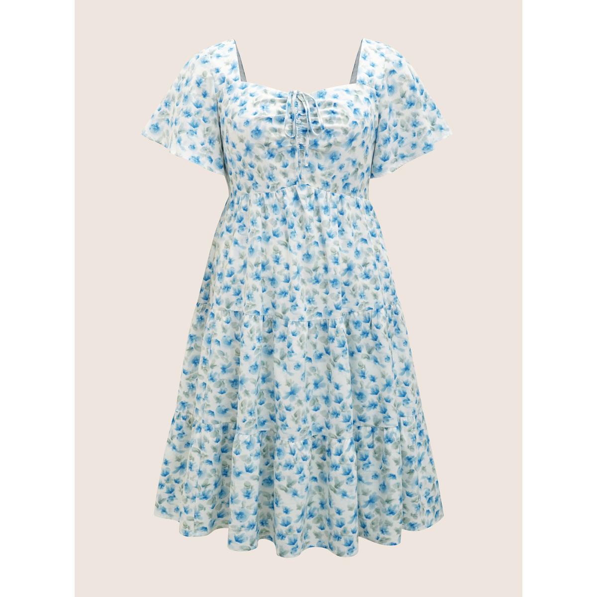 Plus Size Watercolor Floral Drawstring Ruffle Sleeve Midi Dress Skyblue Women Elegant Drawstring Square Neck Short sleeve Curvy BloomChic 26/4X Product Image
