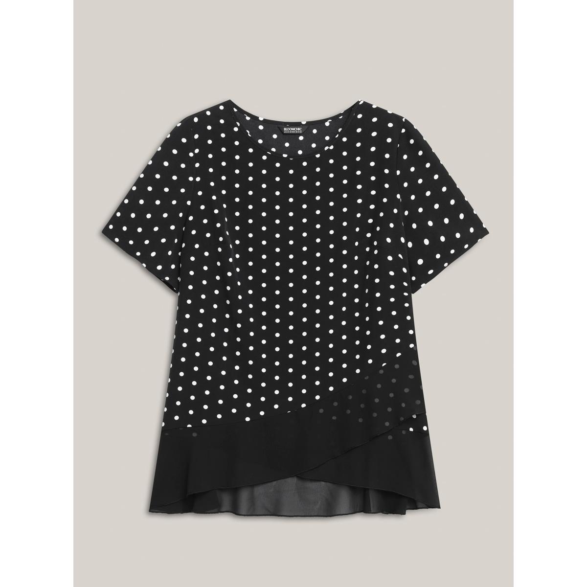 Plus Size Black Polka Dots Spliced Ruffled Hem Shirt Women Short sleeve Round Neck Everyday-Elegant Blouses BloomChic 26/4X Product Image