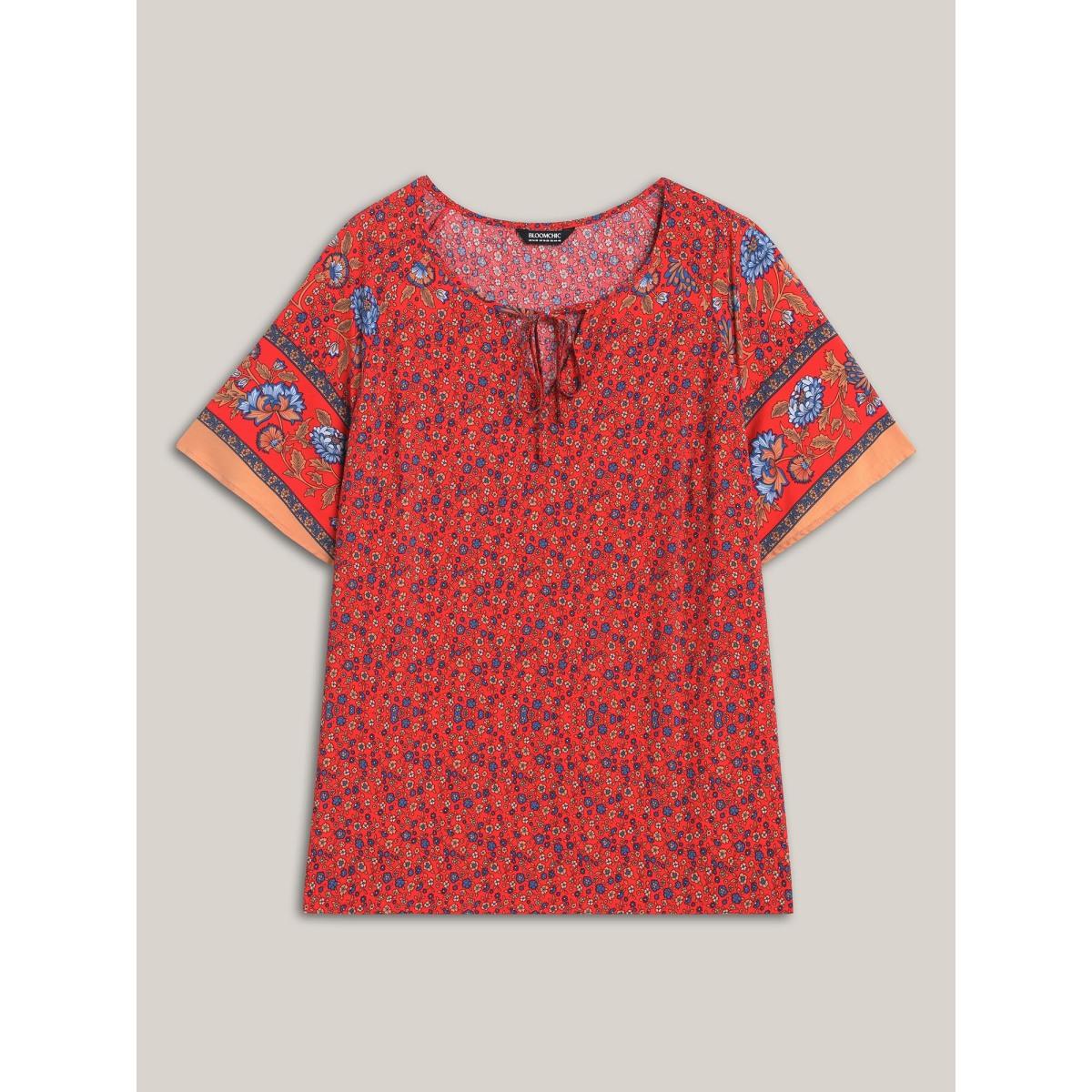 Plus Size Raspberry Floral Print Neck Tie Half Sleeve Blouse Women Boho Short sleeve Notched collar Vacation Blouses BloomChic 10/M Product Image