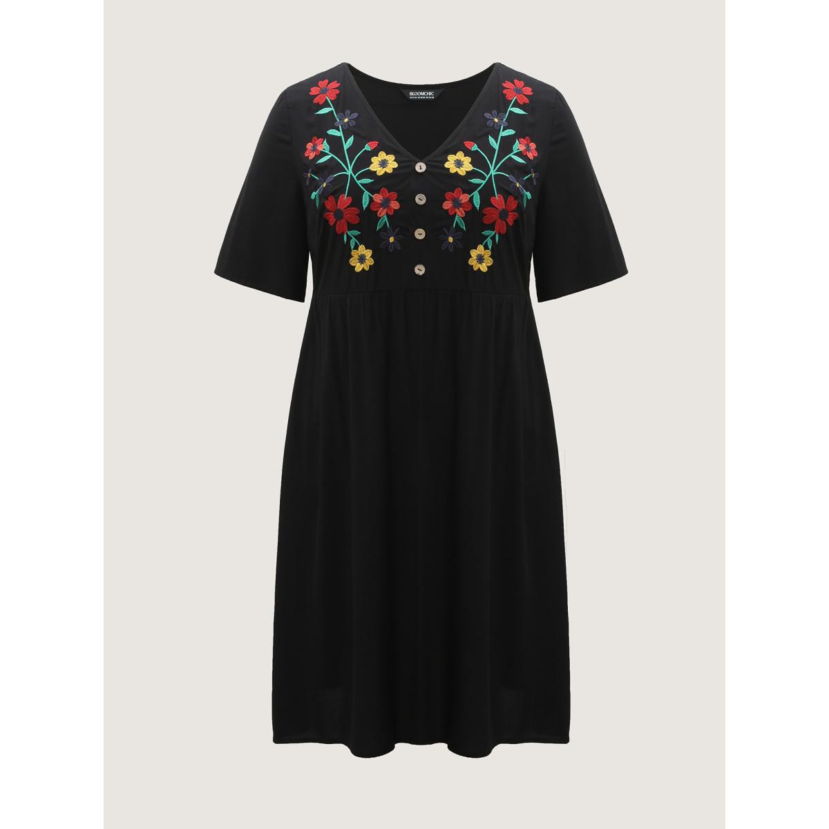 Plus Size Rayon Floral Embroidery Midi Dress Black Women Leisure V-neck Half Sleeve Curvy BloomChic 22-24/3X Product Image