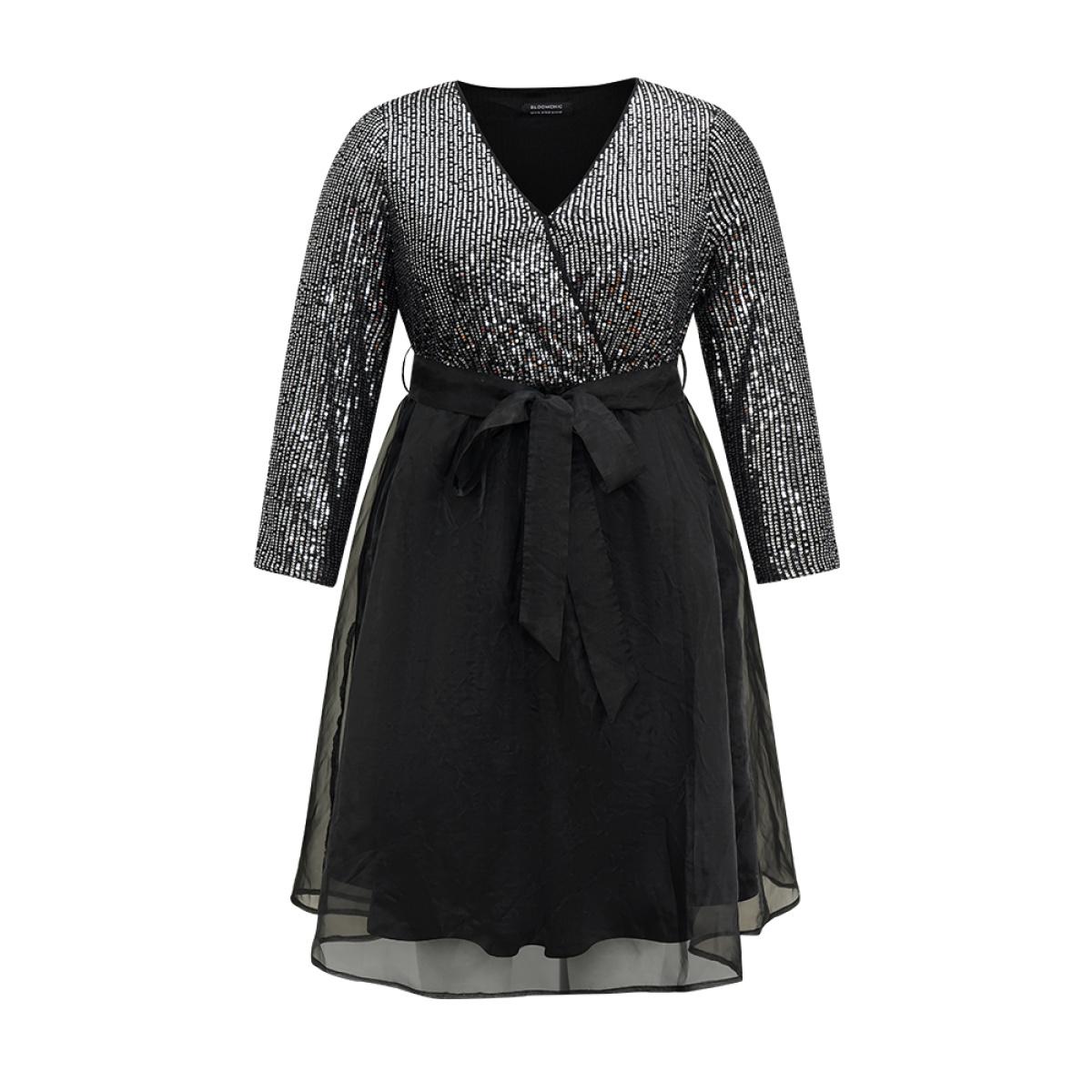 Plus Size Sequin Mesh Patchwork Wrap Belted Dress Black Women Cocktail Sequin Overlap Collar Long Sleeve Curvy Midi Dress BloomChic 26/4X Product Image