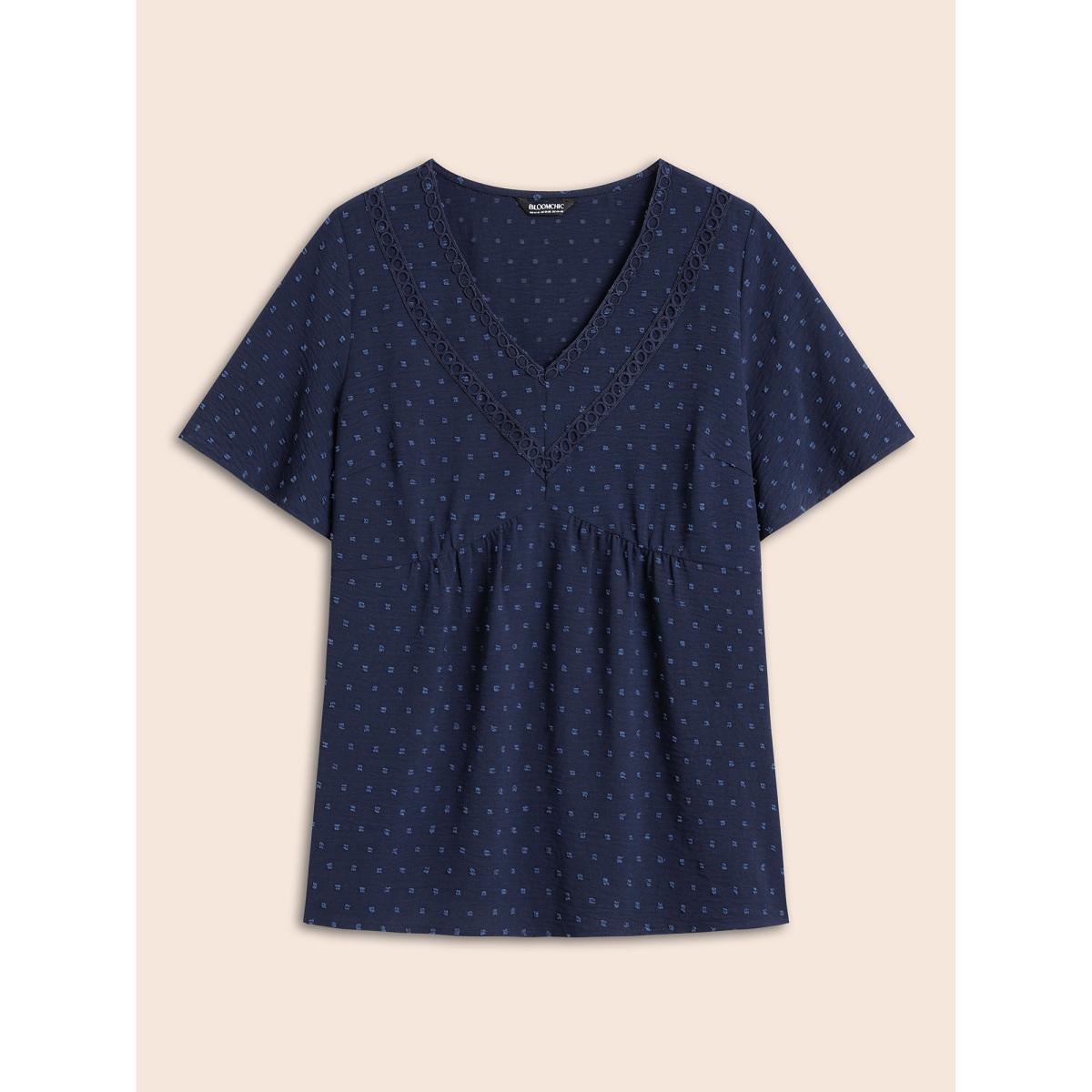 Plus Size Indigo Polka Dot Frill Trim V Neck Flutter Blouse Women Elegant Short sleeve V-neck Work Blouses BloomChic 26/4X Product Image