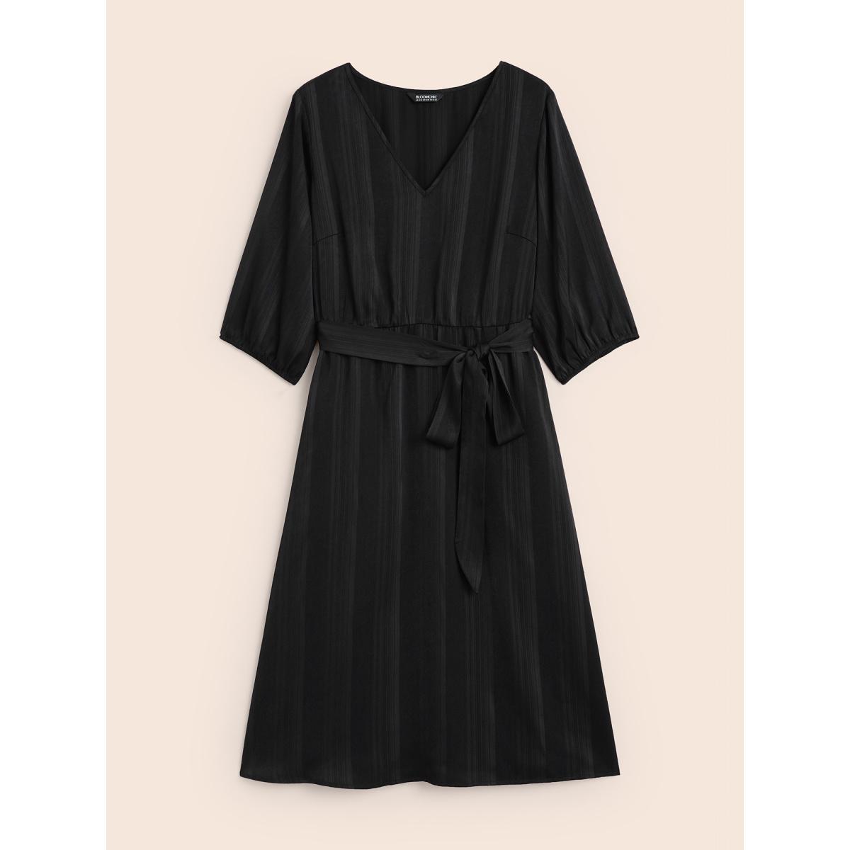 Plus Size Texture Lantern Sleeve Belted Midi Dress Black Women Workwear Essentials Texture V-neck Elbow-length sleeve Curvy BloomChic 26/4X Product Image