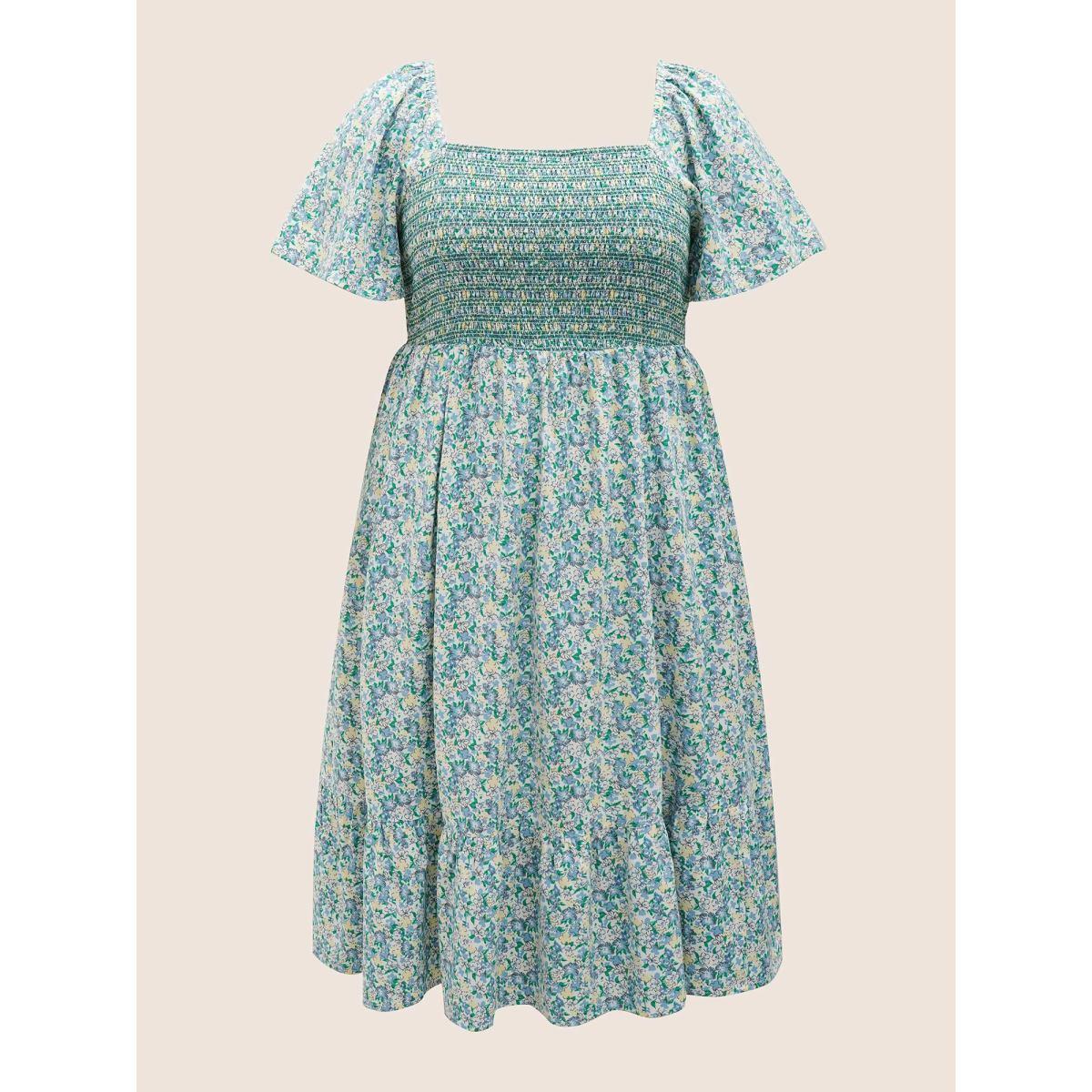 Plus Size Square Neck Ditsy Floral Shirred Ruffle Sleeve Dress White Women Elegant Shirred Square Neck Short sleeve Curvy BloomChic 22-24/3X Product Image