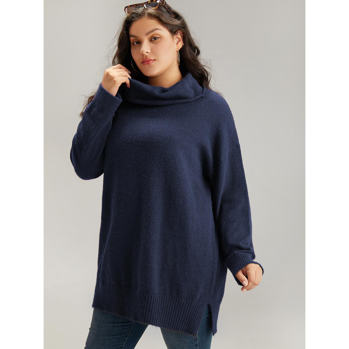 Plus Size Anti-Pilling Split Side Turtle Neck Pullover Midnight Women Casual Loose Long Sleeve Lapel Collar Everyday Pullovers BloomChic 10/M Product Image
