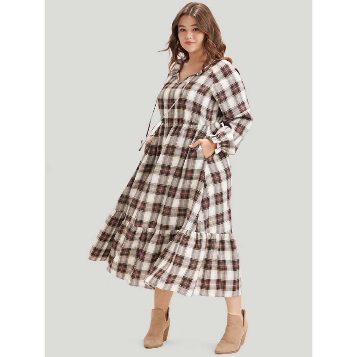 Plus Size Plaid Pocket Keyhole Tie Neck Ruffle Hem Dress LightGray Women Elegant Elastic Waist V-neck Long Sleeve Curvy Midi Dress BloomChic 28/5X Product Image