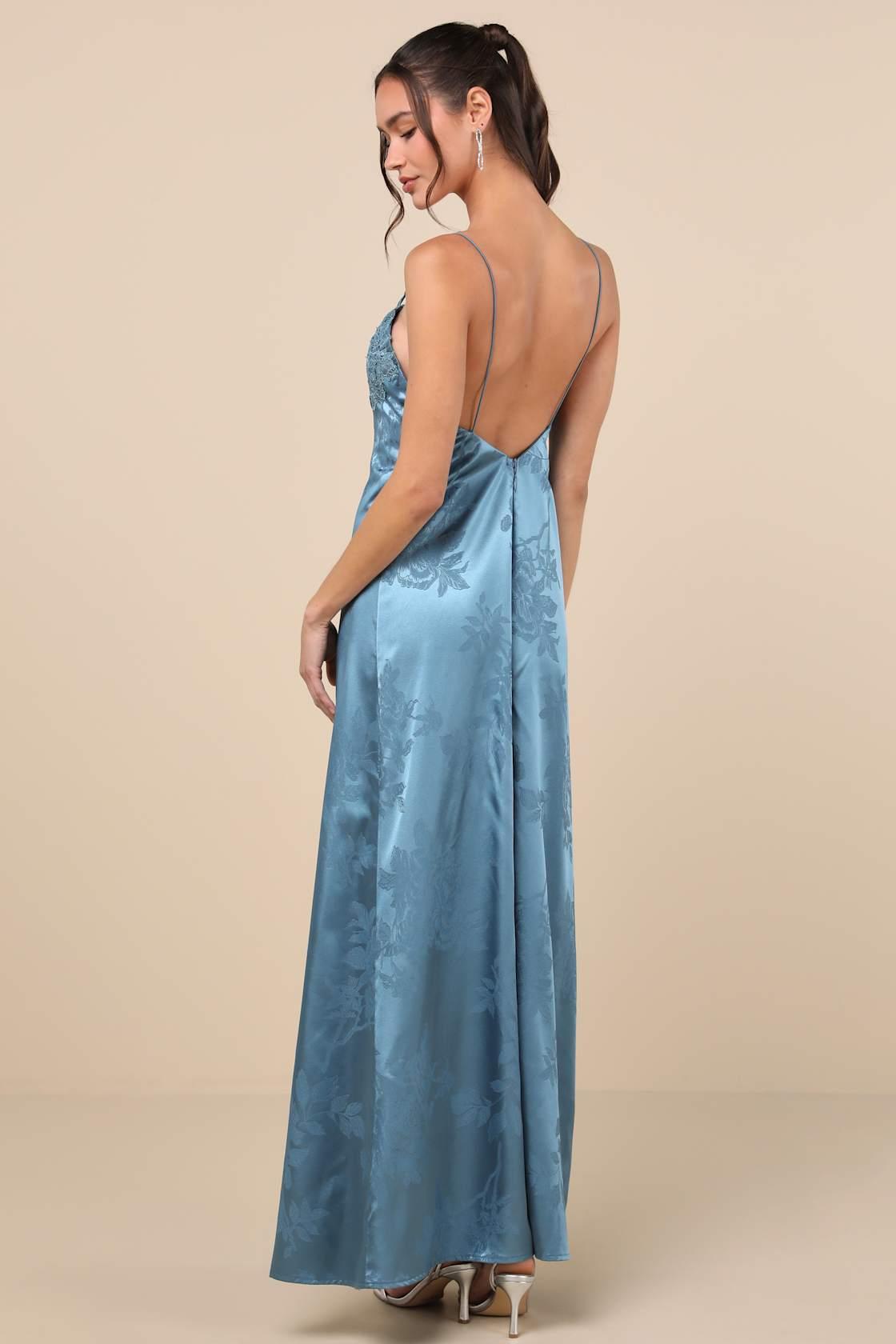 Whimsical Radiance Blue Satin Embroidered Maxi Dress Product Image