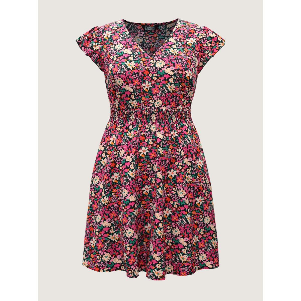 Plus Size Floral Print Shirred Waist Ruffled Midi Dress Peach Women Leisure V-neck Short sleeve Curvy BloomChic 14-16/1X Product Image