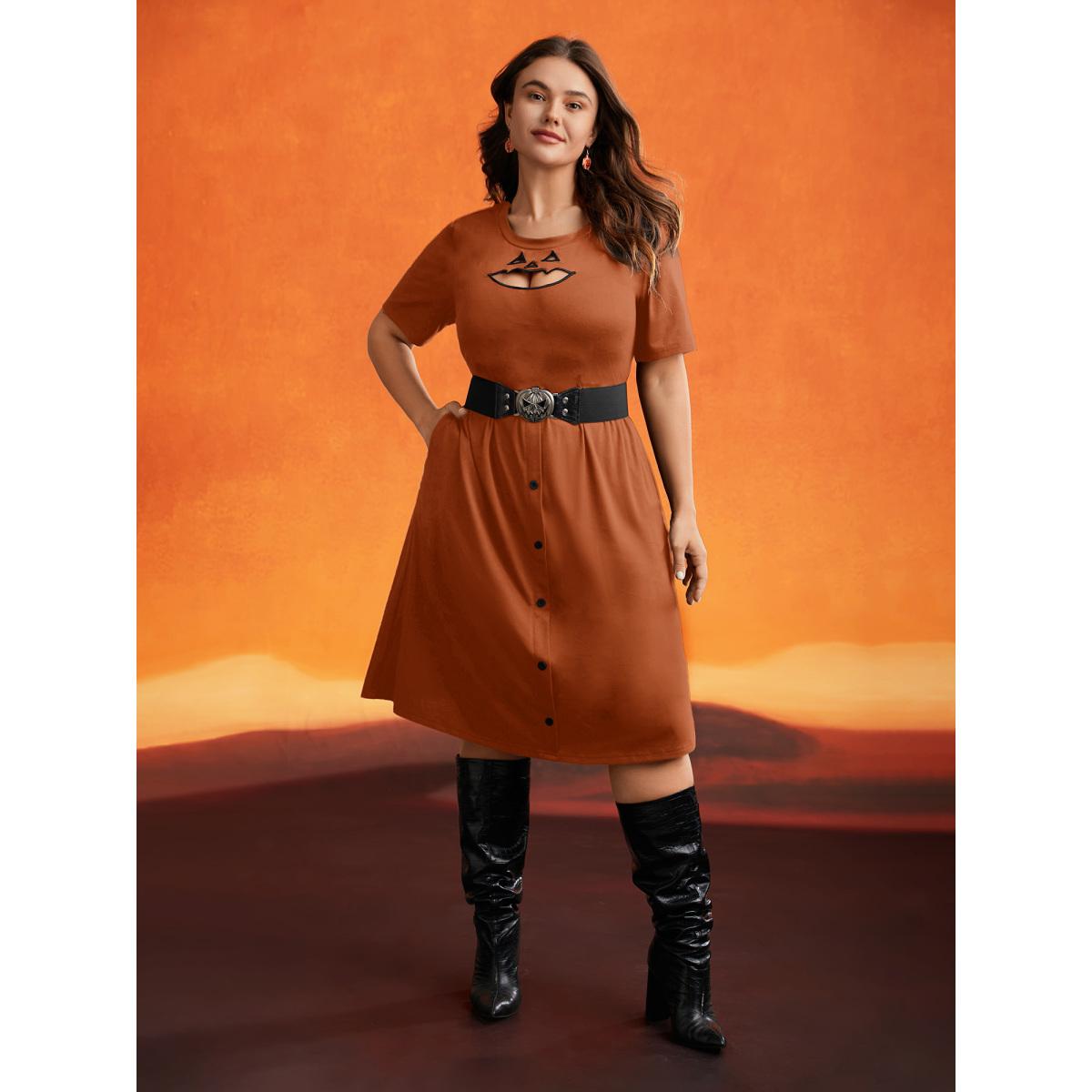 Plus Size Stretch Fabric Pumpkin Cut Out Midi Dress Coral Women Playful Button Party Curvy Bloomchic 18-20/2X Product Image
