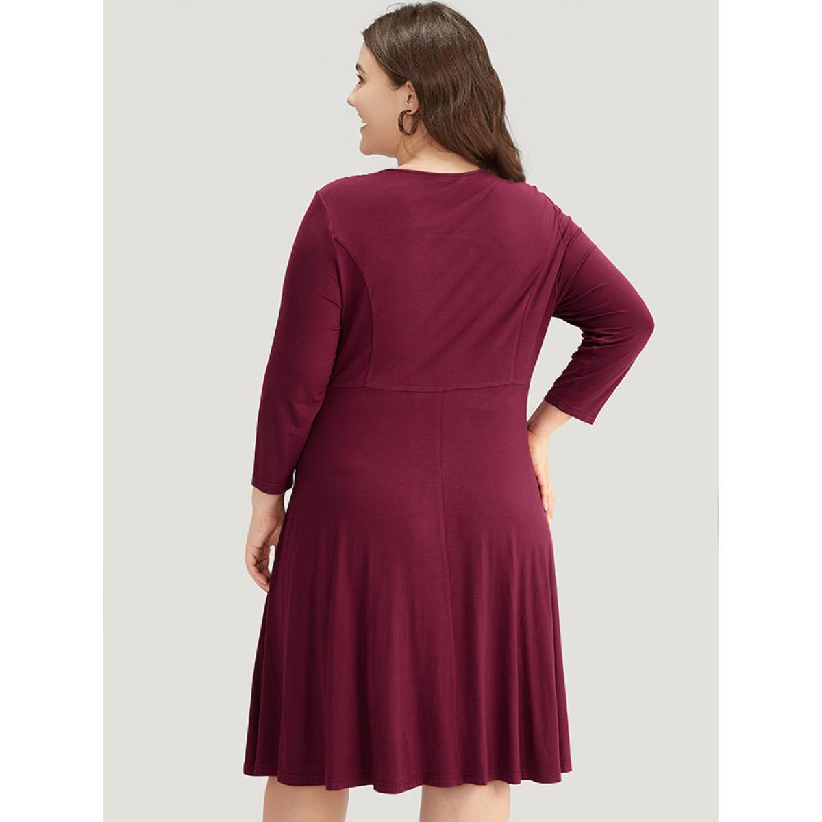 Plus Size Supersoft Essentials Solid Lace Up Ruffle Hem Dress Burgundy Women Casual Plain Tie Neck Elbow-length sleeve Curvy Midi Dress BloomChic 30/6X Product Image