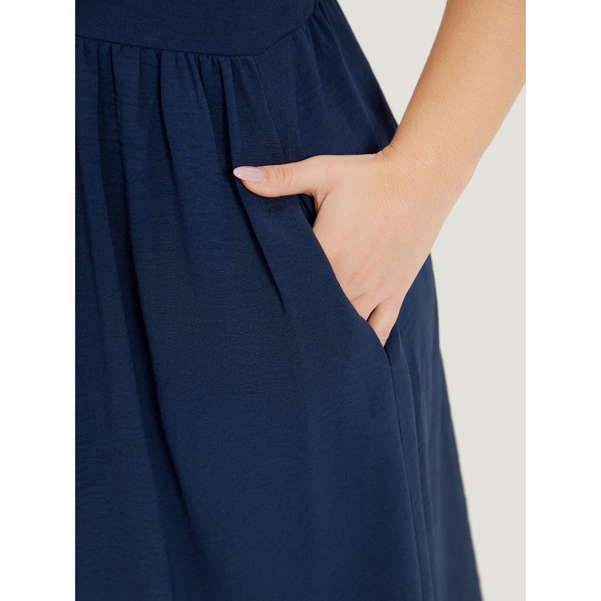 Plus Size Contrast Trim Pocket Button Detail Gathered Cami Dress Indigo Women Office Adjustable Straps Spaghetti Strap Sleeveless Curvy Midi Dress BloomChic 18-20/2X Product Image