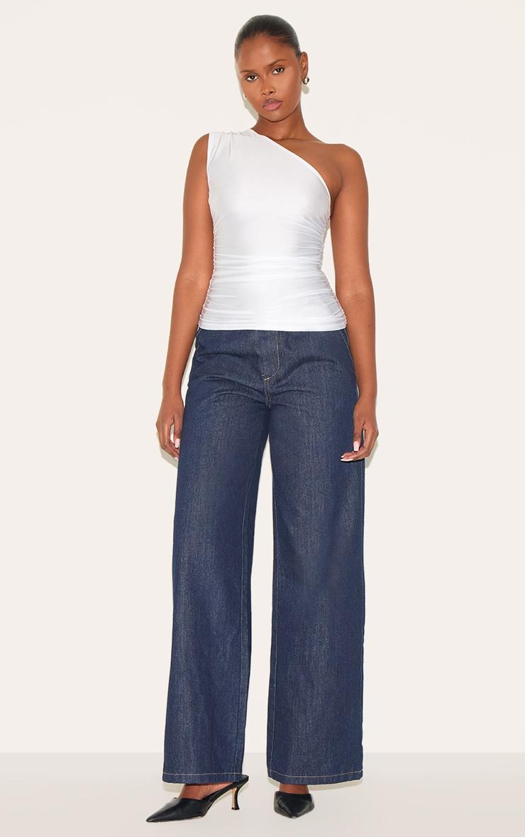 White Stretch Slinky Ruched Side Long Top Product Image