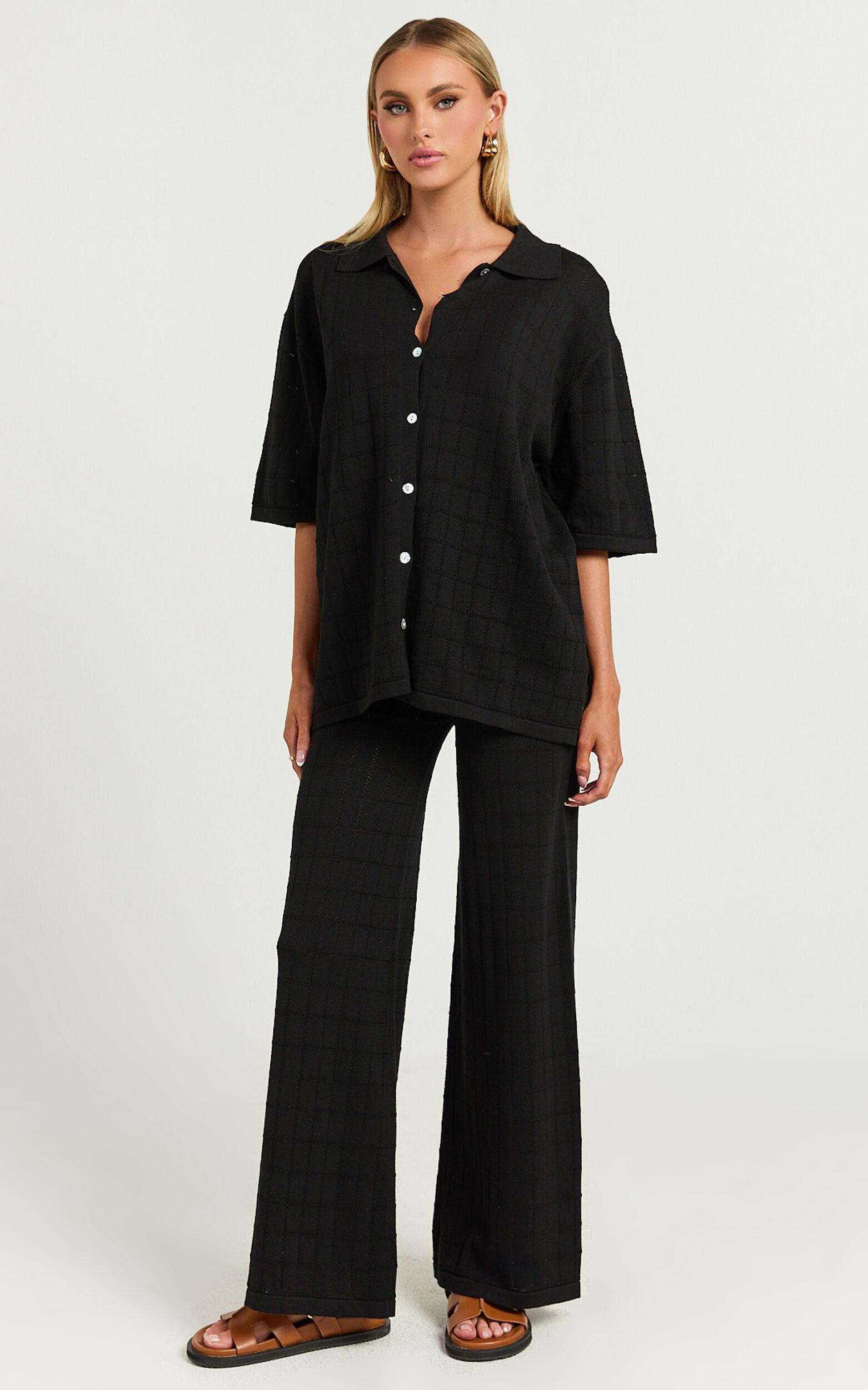 Tommy Two Piece Set - Knit Button Through Top and Pants Two Piece Set in Black Product Image
