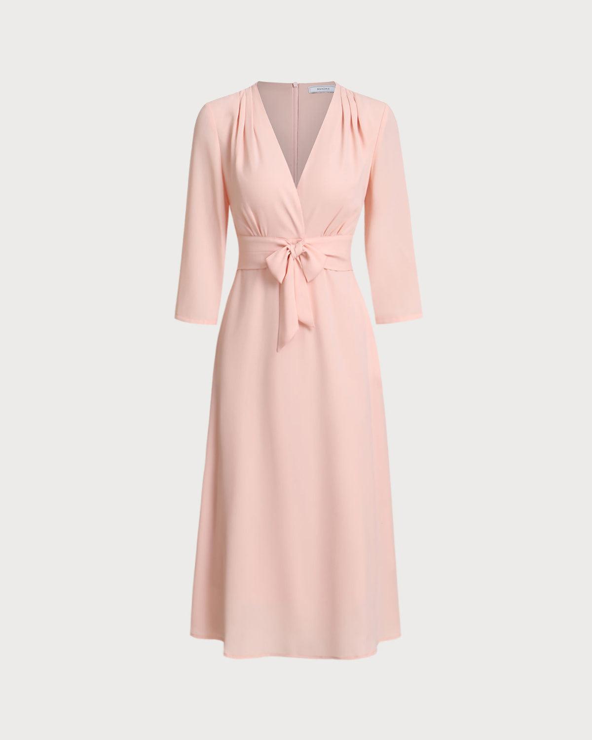Pink V-Neck Pleated Midi Dress Product Image