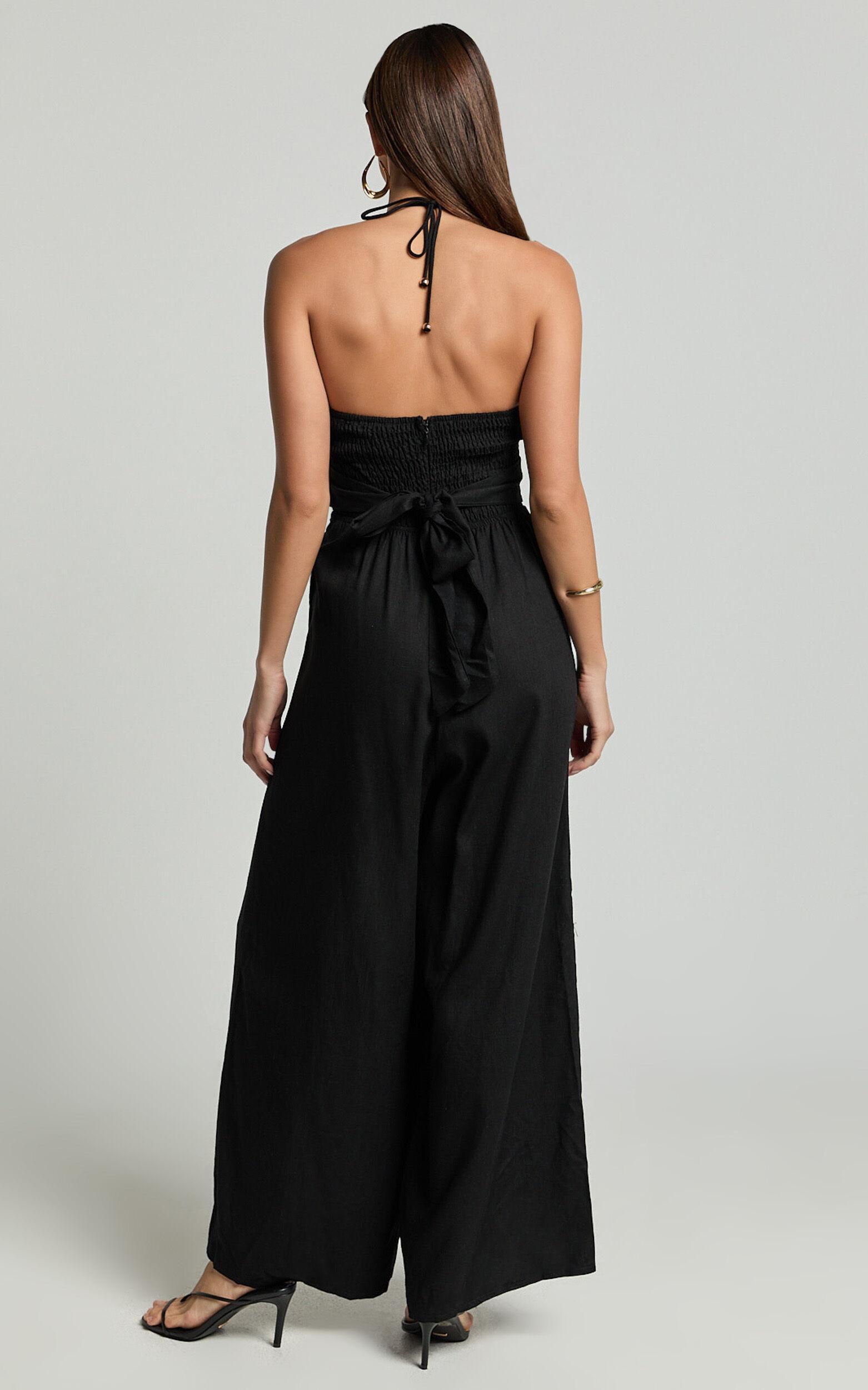 Isla Jumpsuit - Linen Halter Neck Jumpsuit in Black Product Image