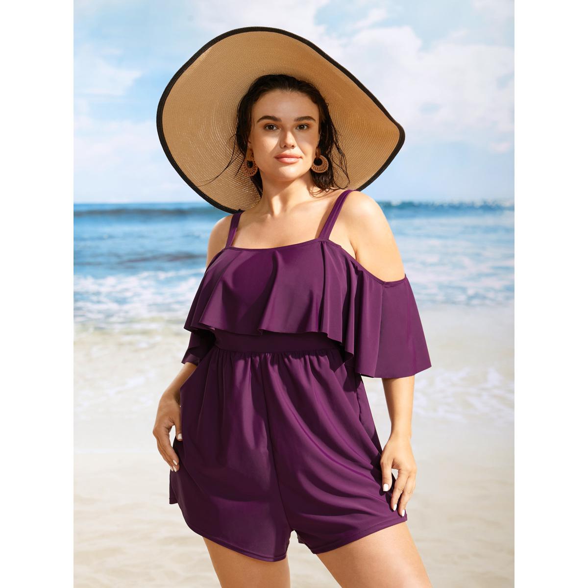 Plus Size Solid One Shoulder Neck Ruffle Trim One Piece Swimsuit Women's Swimwear Deeppurplered Beach Gathered Curve Bathing Suits High stretch One Pieces BloomChic 22-24/3X Product Image