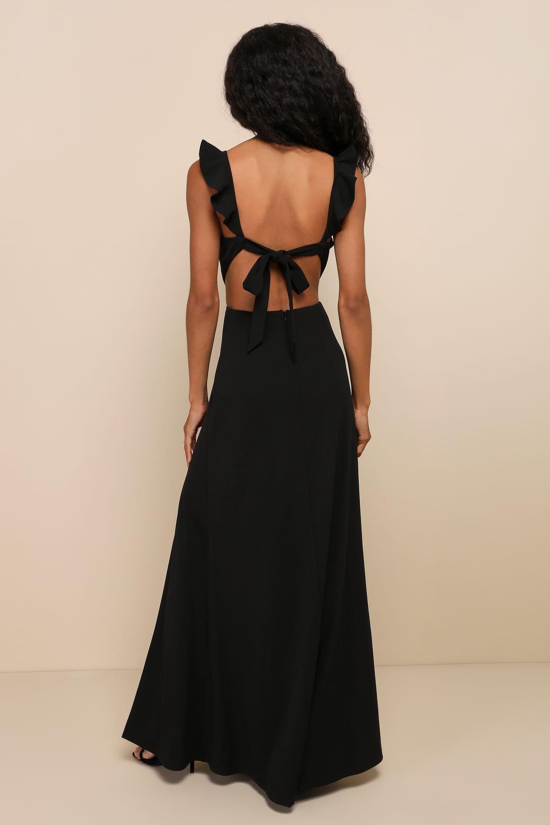 Captivating Charisma Black Ruffled Cutout Tie-Back Maxi Dress Product Image