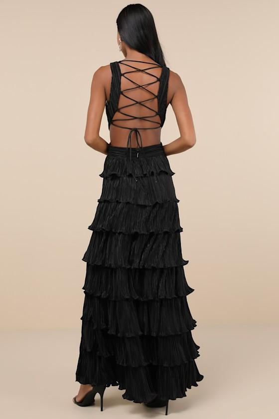 Beauty Icon Black Satin Pleated Tiered Lace-Up Maxi Dress Product Image